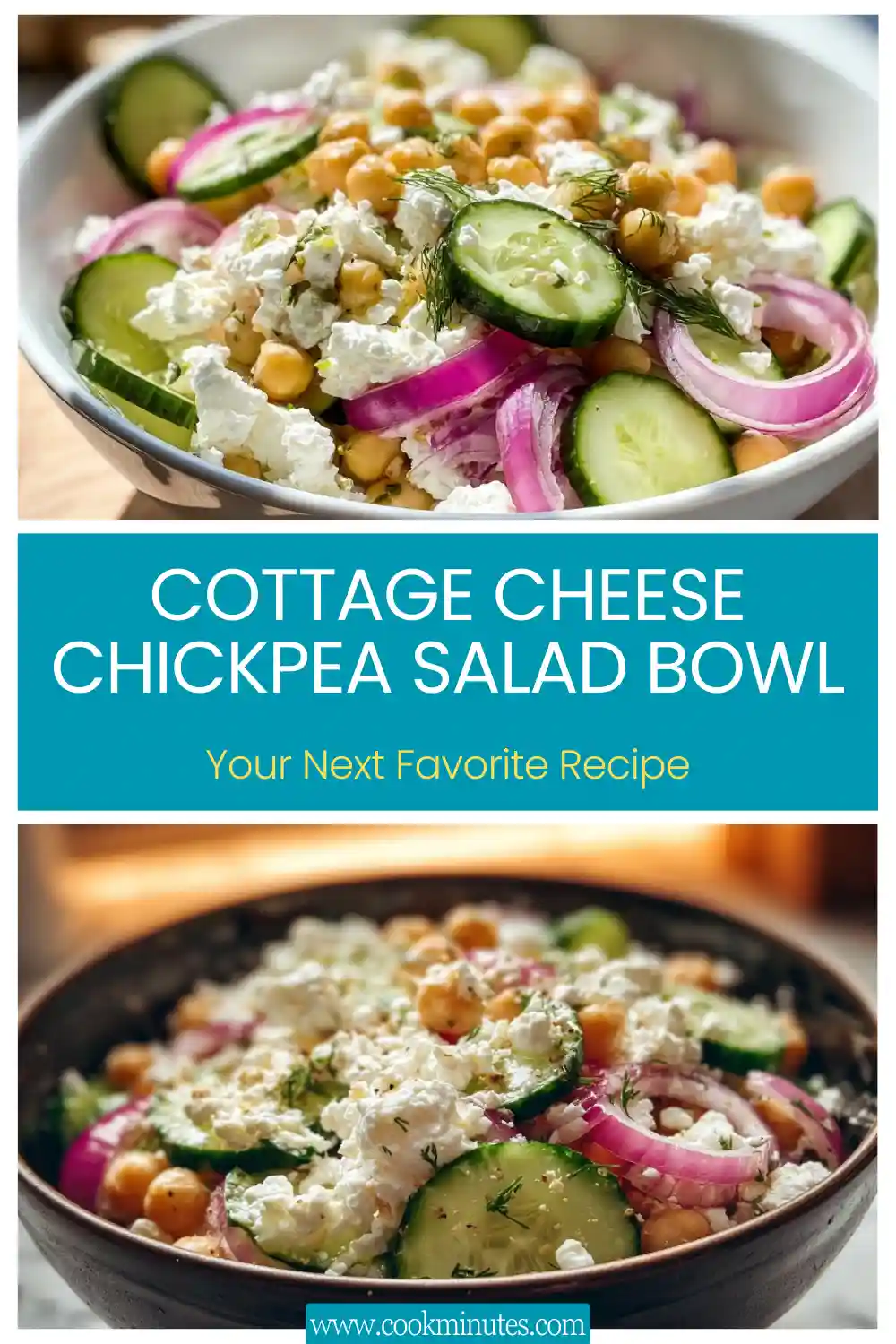 A colorful Cottage Cheese Chickpea Salad Bowl filled with fresh vegetables and cottage cheese.