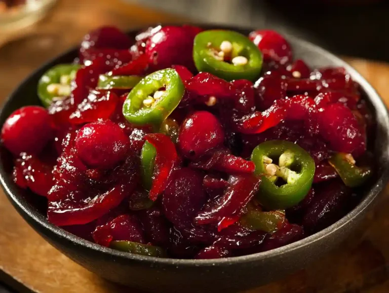Cranberry Jalapeño Cowboy Candy in a jar decorated with spices and cranberries.