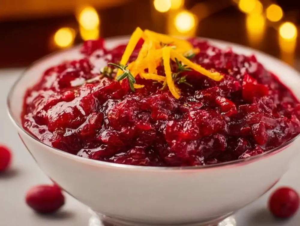 Homemade cranberry orange relish served in a bowl with oranges and cranberries