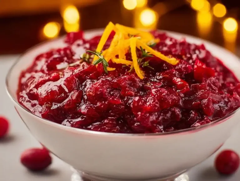 Homemade cranberry orange relish served in a bowl with oranges and cranberries