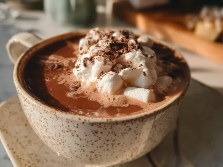 Creamy Crockpot Hot Chocolate ready to be served on a cold evening.