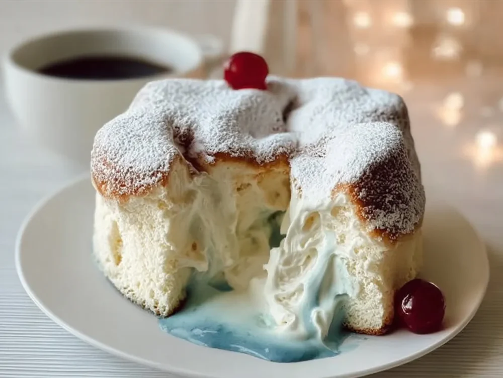 First Snow Lava Angel Cake garnished with powdered sugar and berries