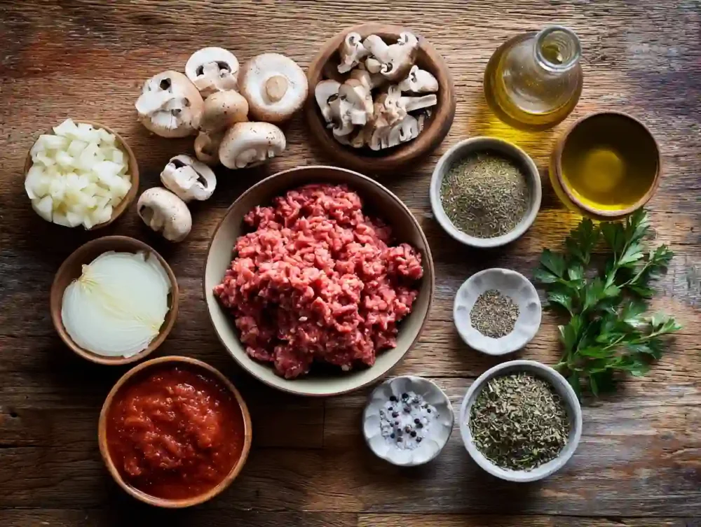 Flat lay of bolognese sauce ingredients
