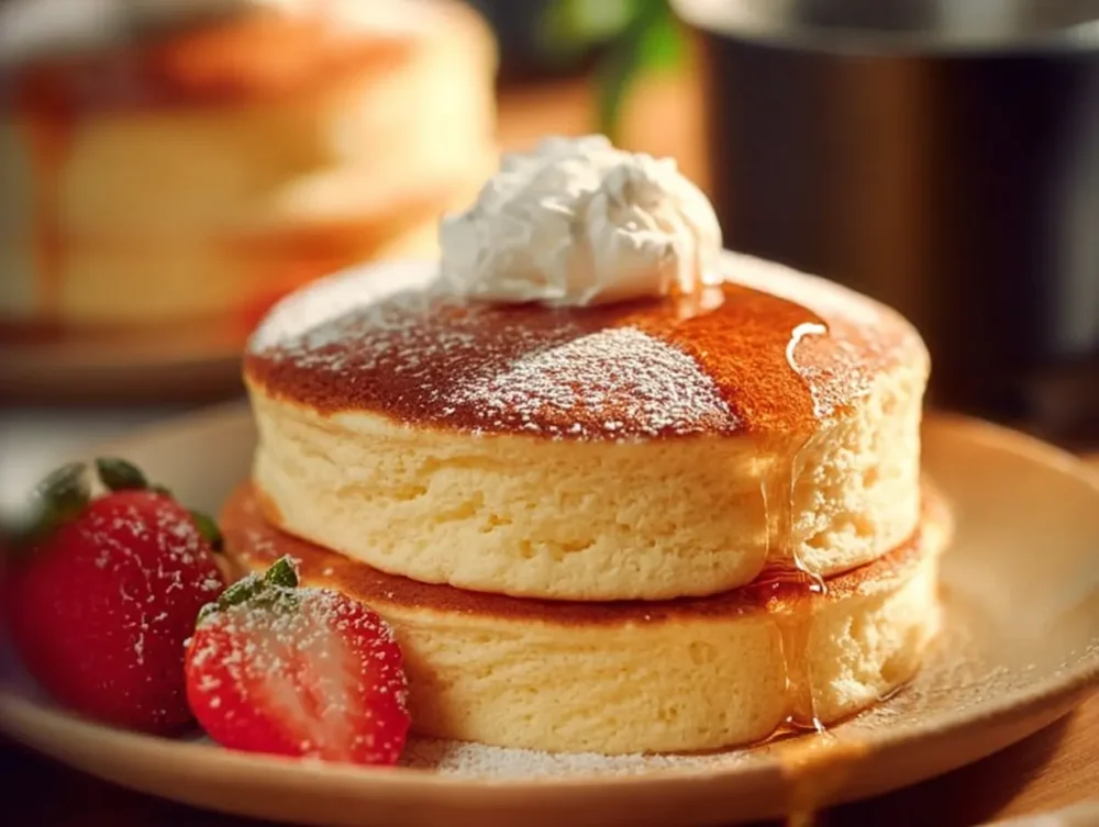 Fluffy Japanese Soufflé Pancakes stacked high and garnished with powdered sugar.