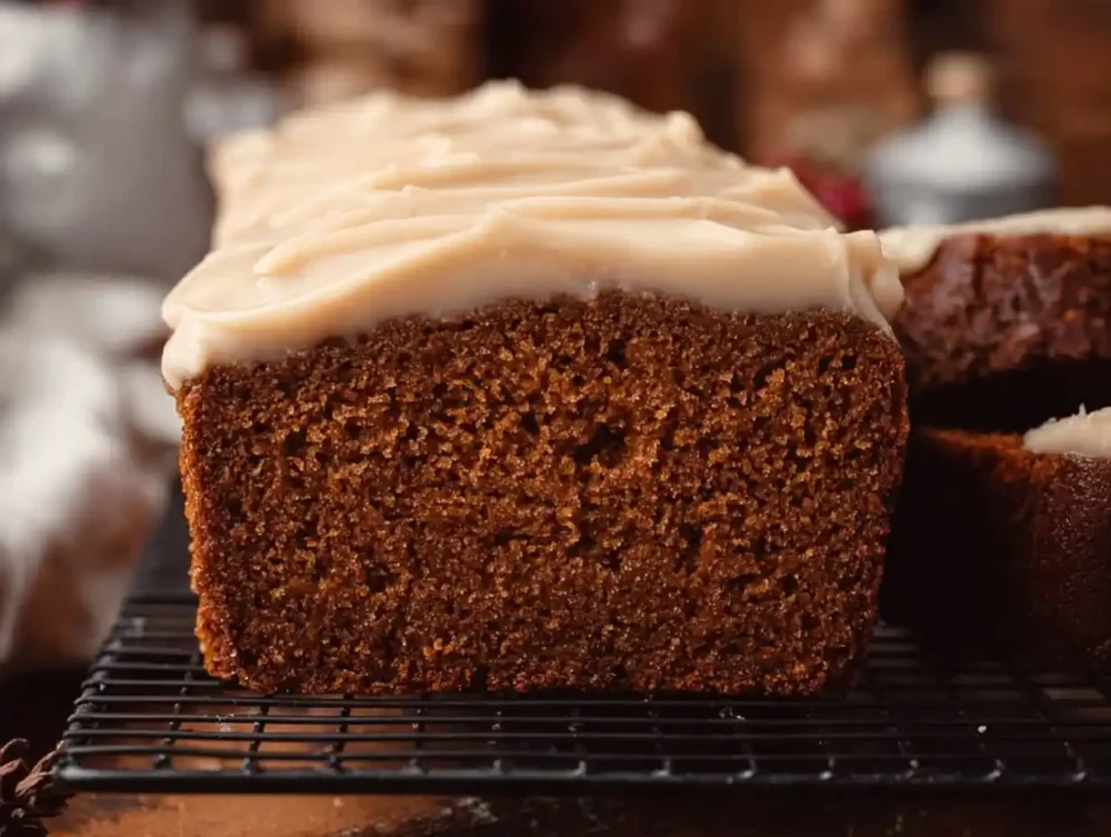 Freshly baked gingerbread loaf with spices and a decorative glaze.
