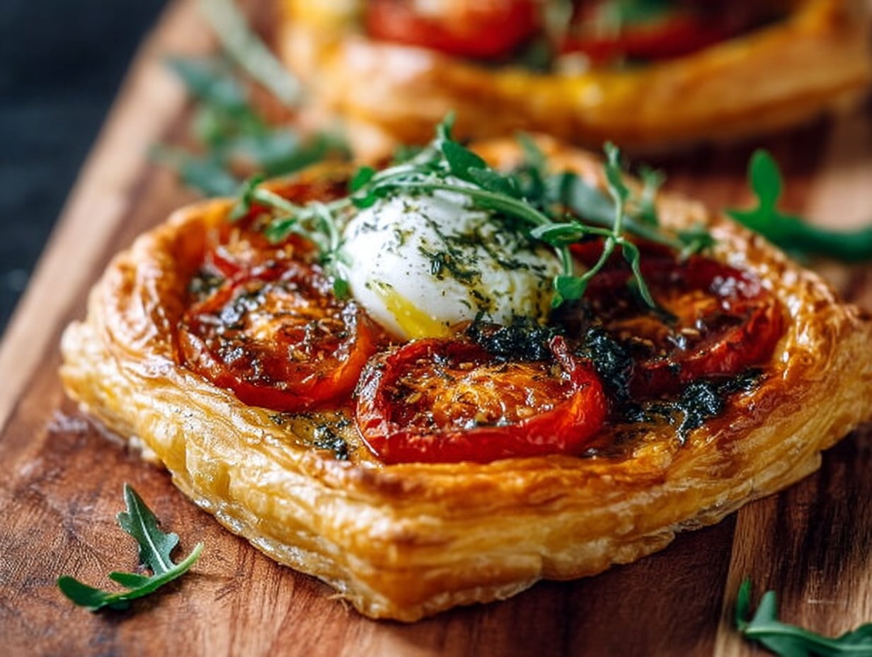 A delicious Puff Pastry Tomato Tart garnished with fresh basil and balsamic glaze.