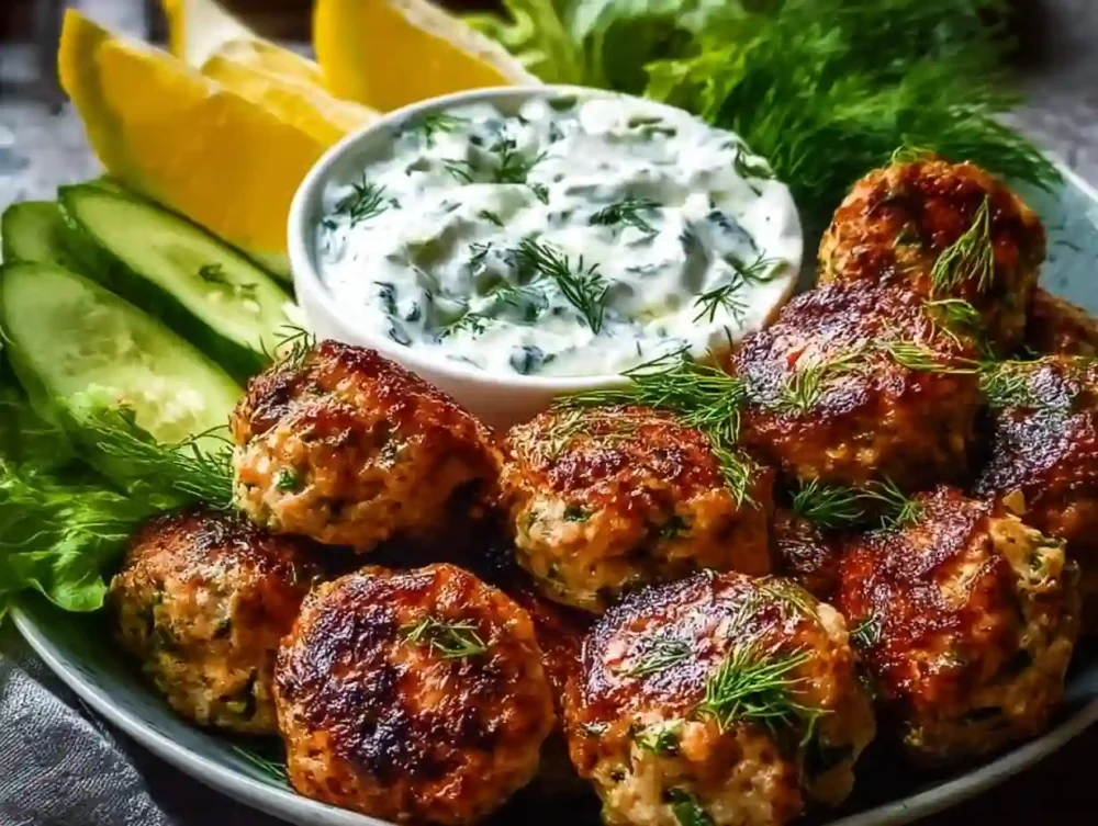Delicious Greek chicken meatballs served with tzatziki sauce on a plate