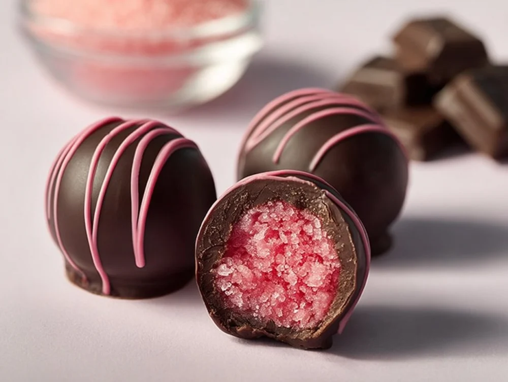 Handmade Chocolate Raspberry Truffles, showcasing the decadent dessert with pink chocolate drizzle.