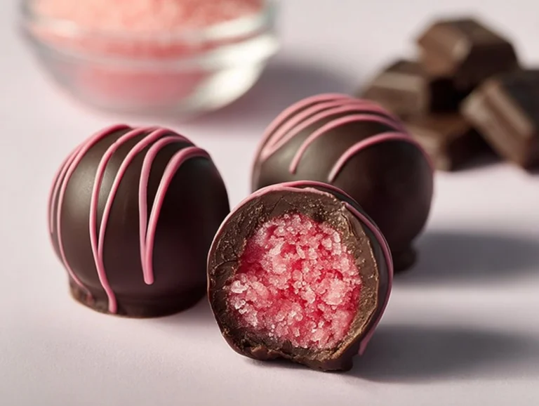 Handmade Chocolate Raspberry Truffles, showcasing the decadent dessert with pink chocolate drizzle.