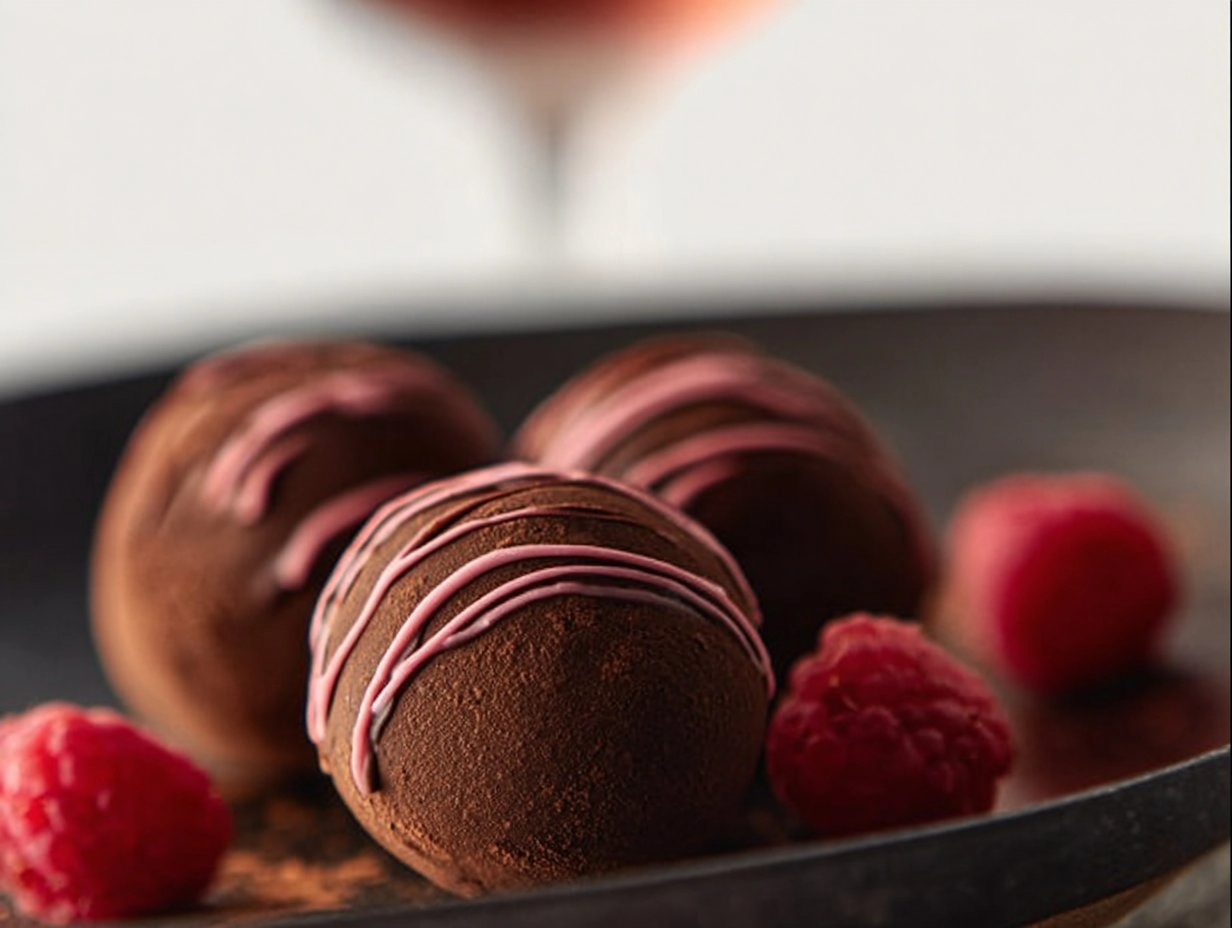 Delightful image of Handmade Chocolate Raspberry Truffles, showcasing the decadent dessert with pink chocolate drizzle.