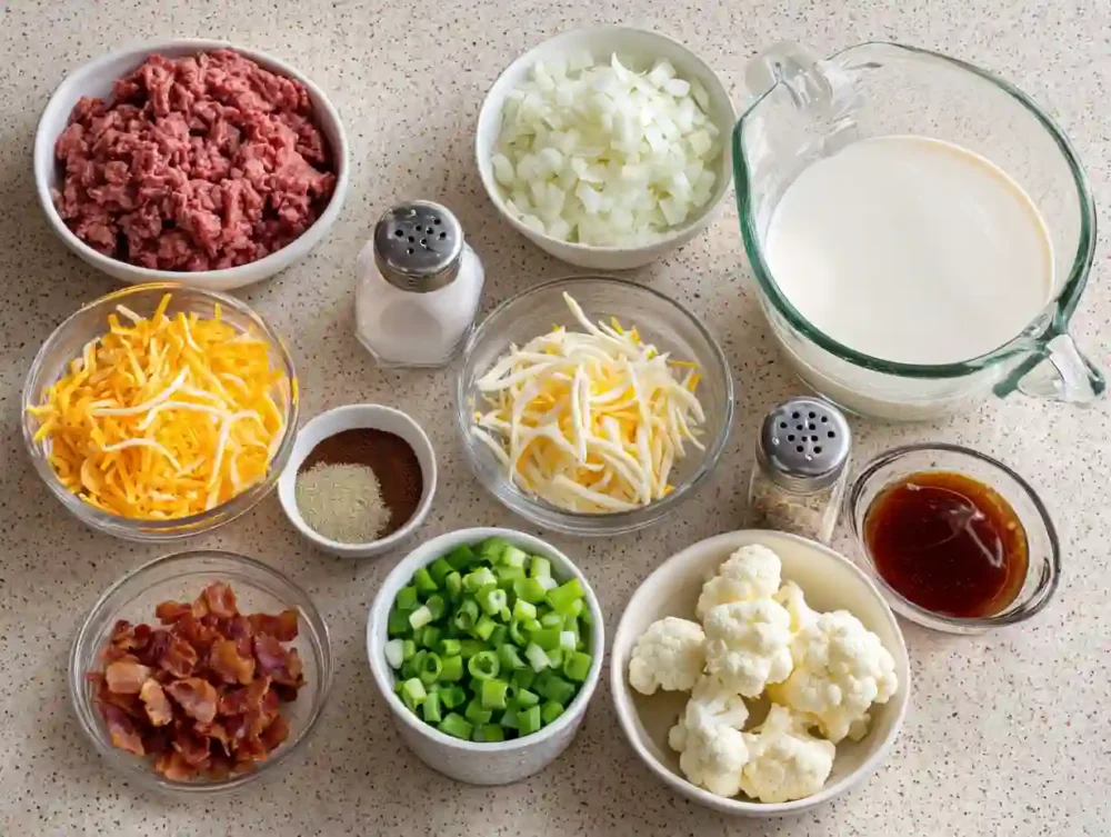 Keto Cheeseburger Soup: A Comforting Low-Carb Delight Ingredients for Keto Cheeseburger Soup arranged clearly on a kitchen counter