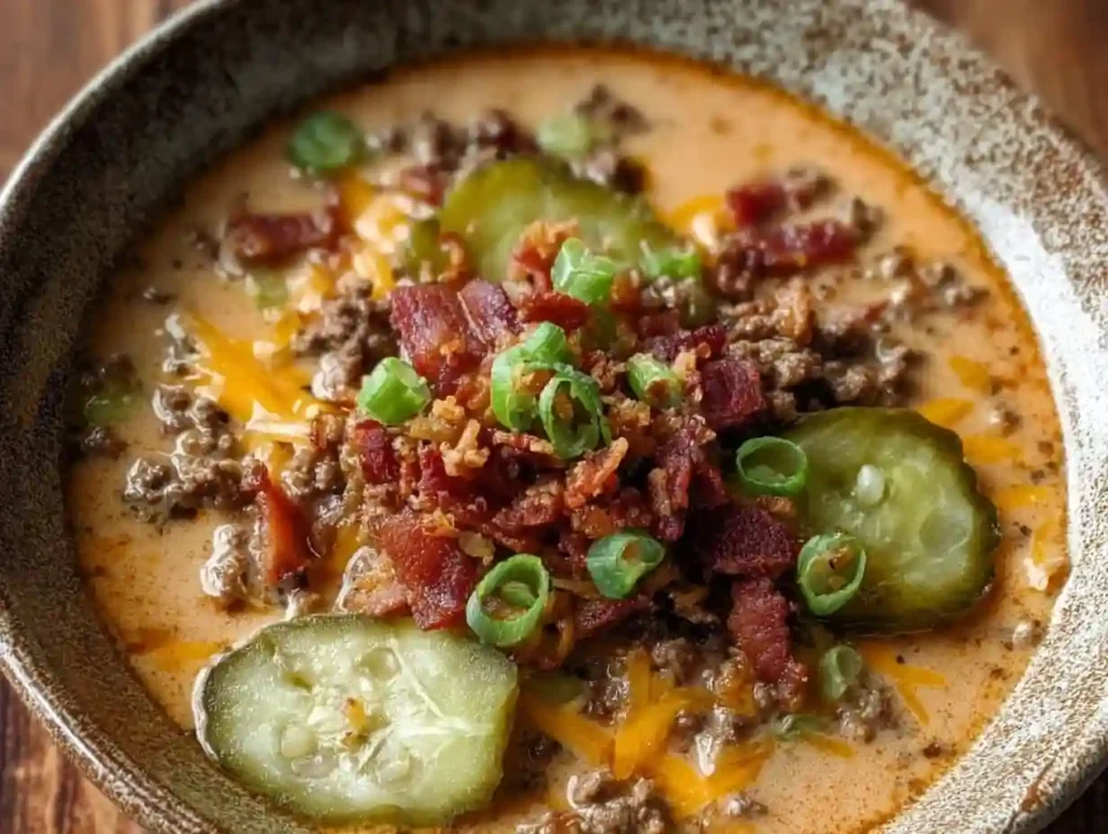 Keto Cheeseburger Soup: A Comforting Low-Carb Delight Delicious Keto Cheeseburger Soup with beef, cheese, and low-carb veggies.