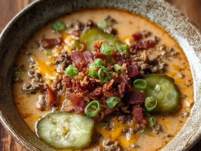 Delicious Keto Cheeseburger Soup with beef, cheese, and low-carb veggies.