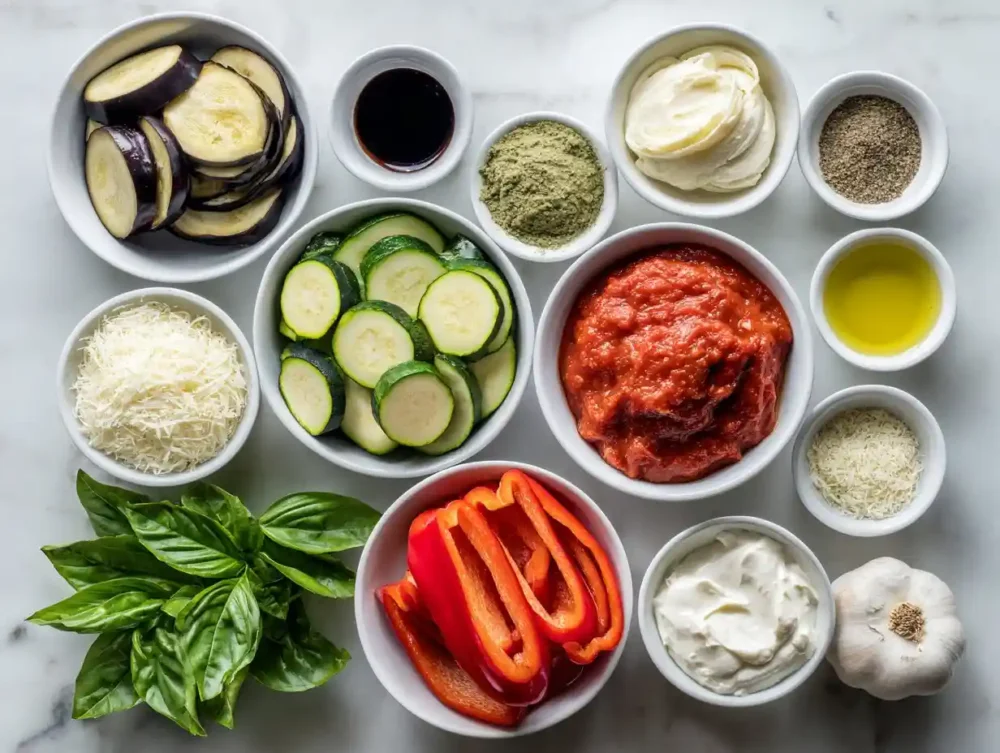 Layered Mediterranean Vegetable Lasagna with Creamy Ricotta Layered Mediterranean Vegetable Lasagna with Creamy Ricotta ingredients