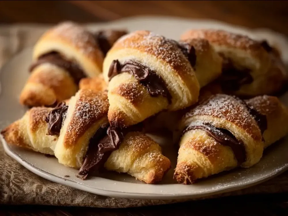 Nutella stuffed crescent rolls topped with powdered sugar.