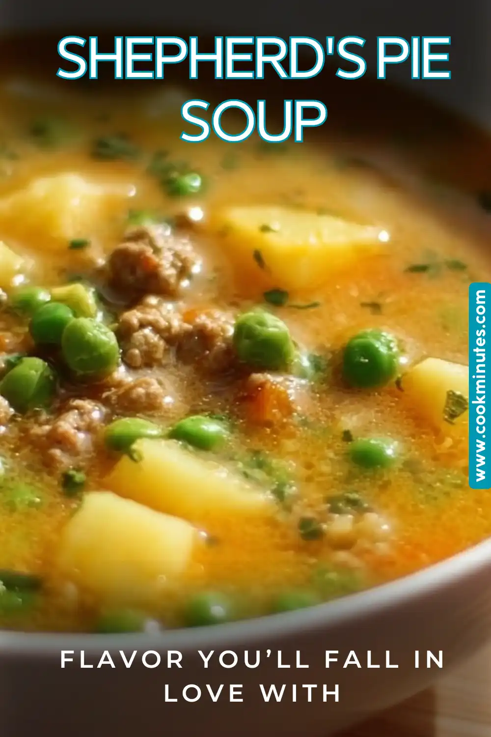 A steaming bowl of delicious Shepherd’s Pie Soup topped with fluffy mashed potatoes and fresh parsley.