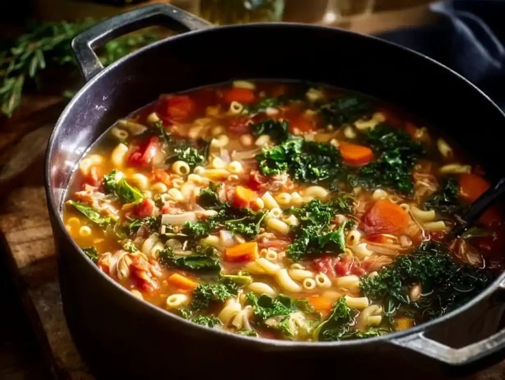 A bowl of Turkey Minestrone Soup with fresh vegetables and turkey meat.
