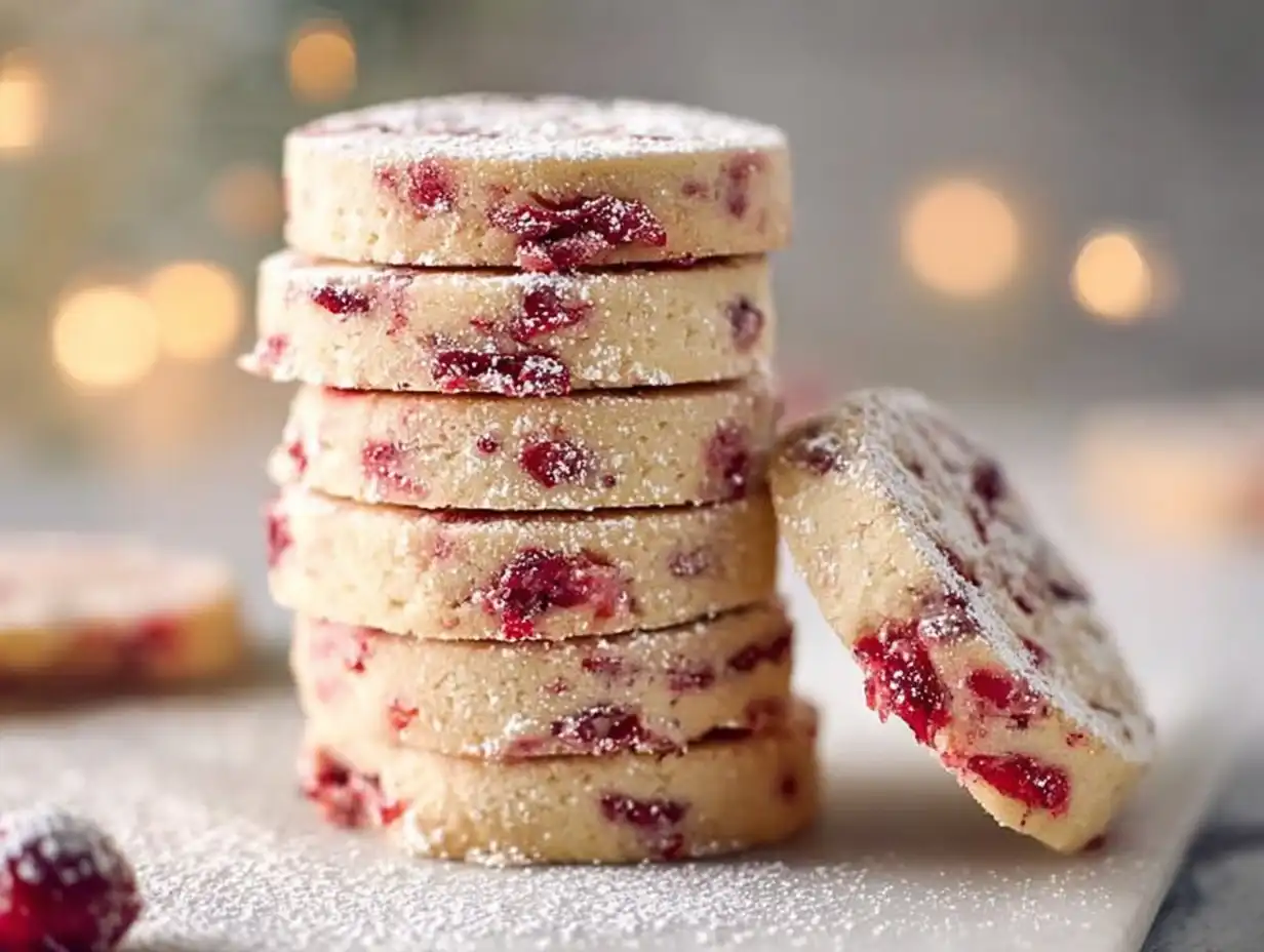 Delicious vegan cranberry almond shortbread cookies on a plate