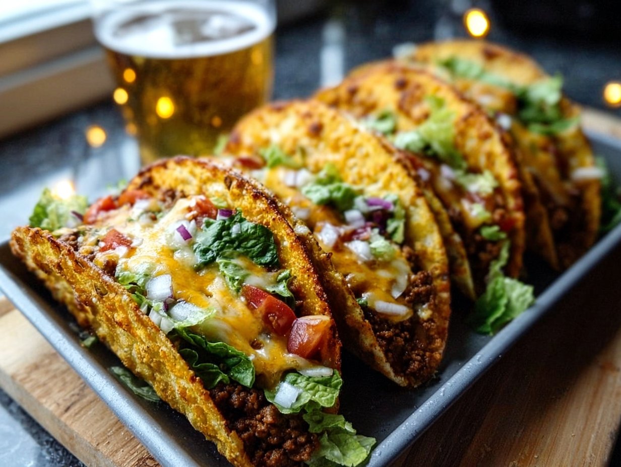 These oven-baked cheesy tacos are a culinary delight, crisp taco shells overflowing with savory beef, melted cheese, and colorful toppings 