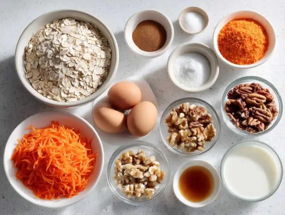 A clear, organized display of all ingredients for Carrot Cake Oatmeal Cups