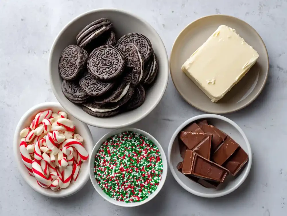 A neatly arranged display of all ingredients for Holiday-themed Oreo Truffles