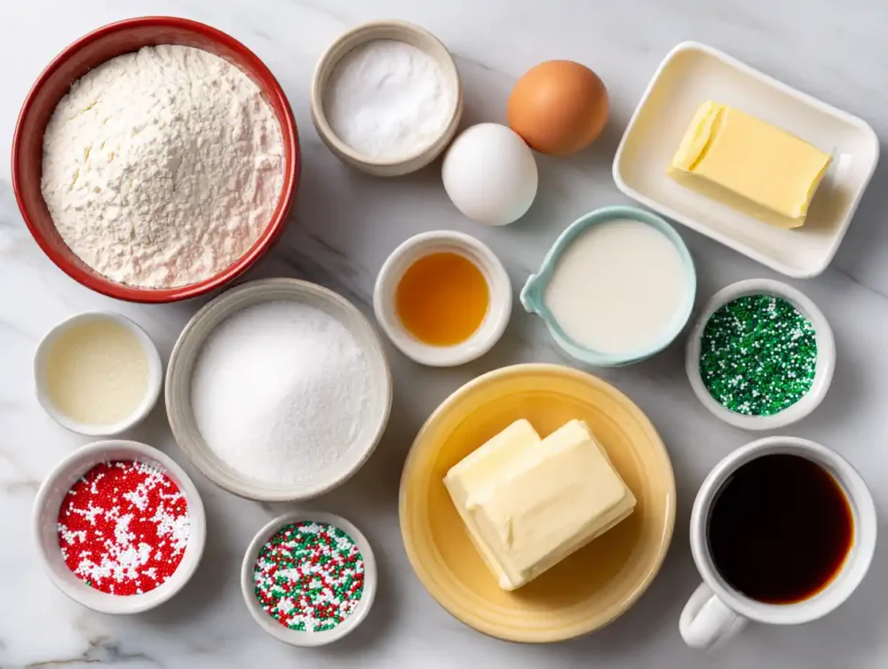 A neatly arranged display of all the ingredients needed for festive holiday sugar cookies