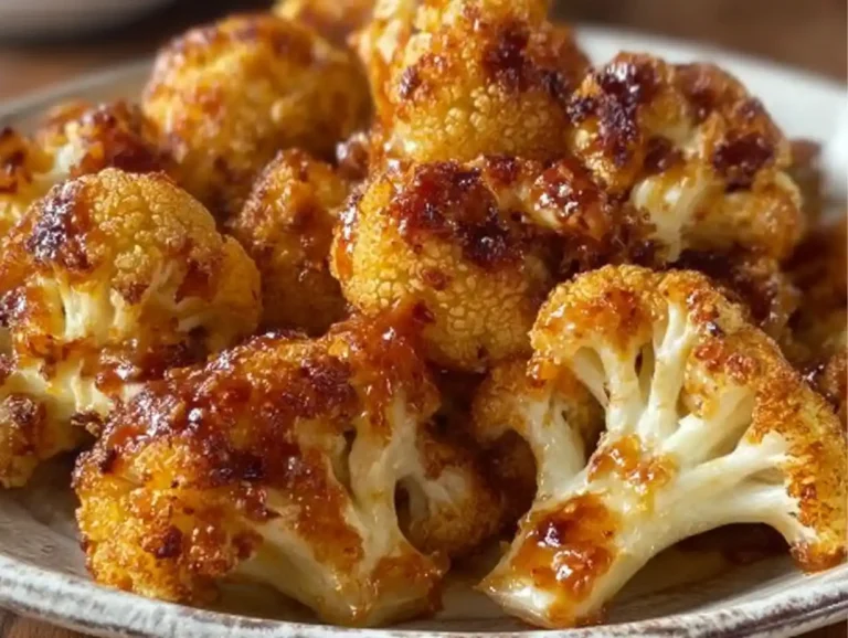 Plate of sweet and spicy baked cauliflower garnished with herbs