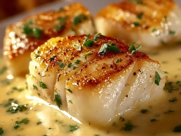 Baked cod fillet topped with coconut lemon cream sauce, garnished with herbs.