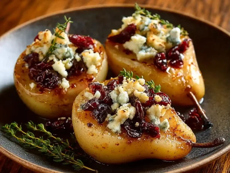 Baked Pears with Feta, Honey, and Cranberries: A Simple Delight Baked pears topped with feta cheese, honey, and cranberries on a plate
