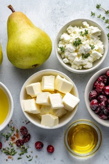 Experience a delightful combination of sweet and savory with our Baked Pears with Feta, Honey, and Cranberries. This simple recipe showcases juicy pears baked to perfection, topped with crumbled feta, luscious honey, and tart cranberries. It's an excellent choice for a light dessert or an elegant appetizer. baked pears