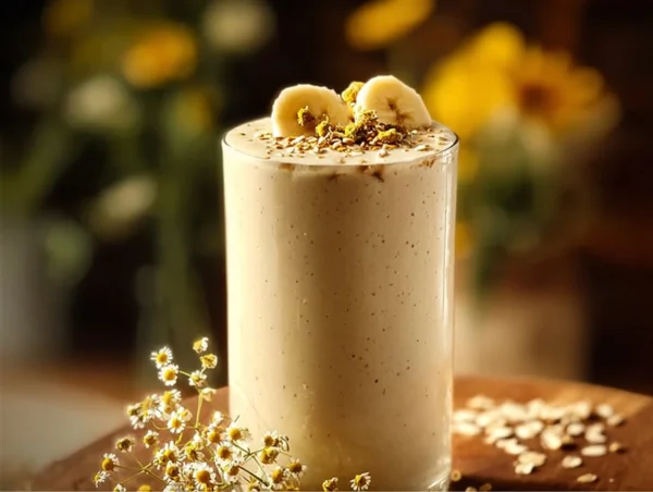 Delicious Banana Chamomile Tea Smoothie in a glass with fresh banana slices