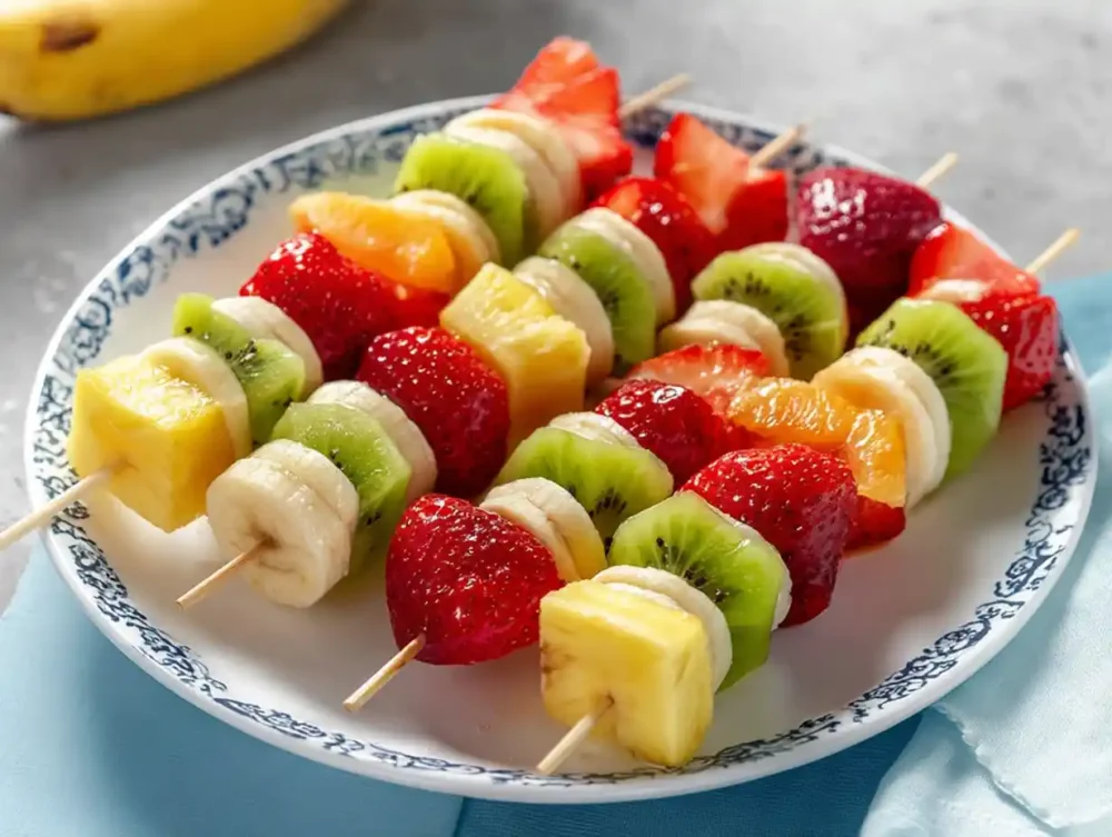 Colorful breakfast skewers featuring fruits and pancakes for kids.