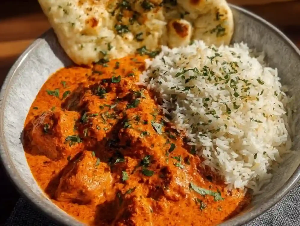 Delicious homemade butter chicken served with rice and naan bread