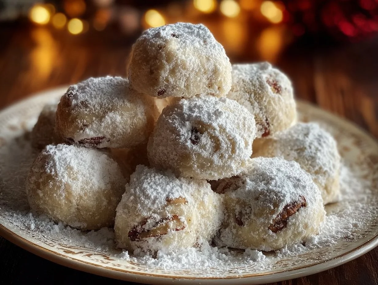 Delicious buttery pecan snowballs dusted with powdered sugar.
