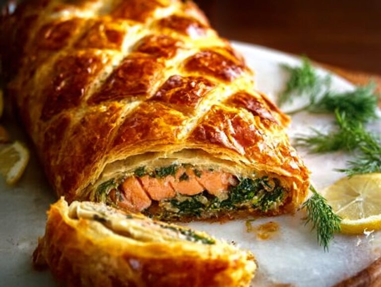 This Salmon Wellington recipe offers a flavorful fusion of fresh salmon, cream cheese, and spinach, nestled in flaky puff pastry. Perfect for special occasions or quick dinners, it’s easy to prepare and sure to impress your family and friends. Salmon Wellington