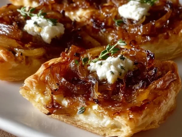 Caramelized onion and goat cheese tarts ready to serve