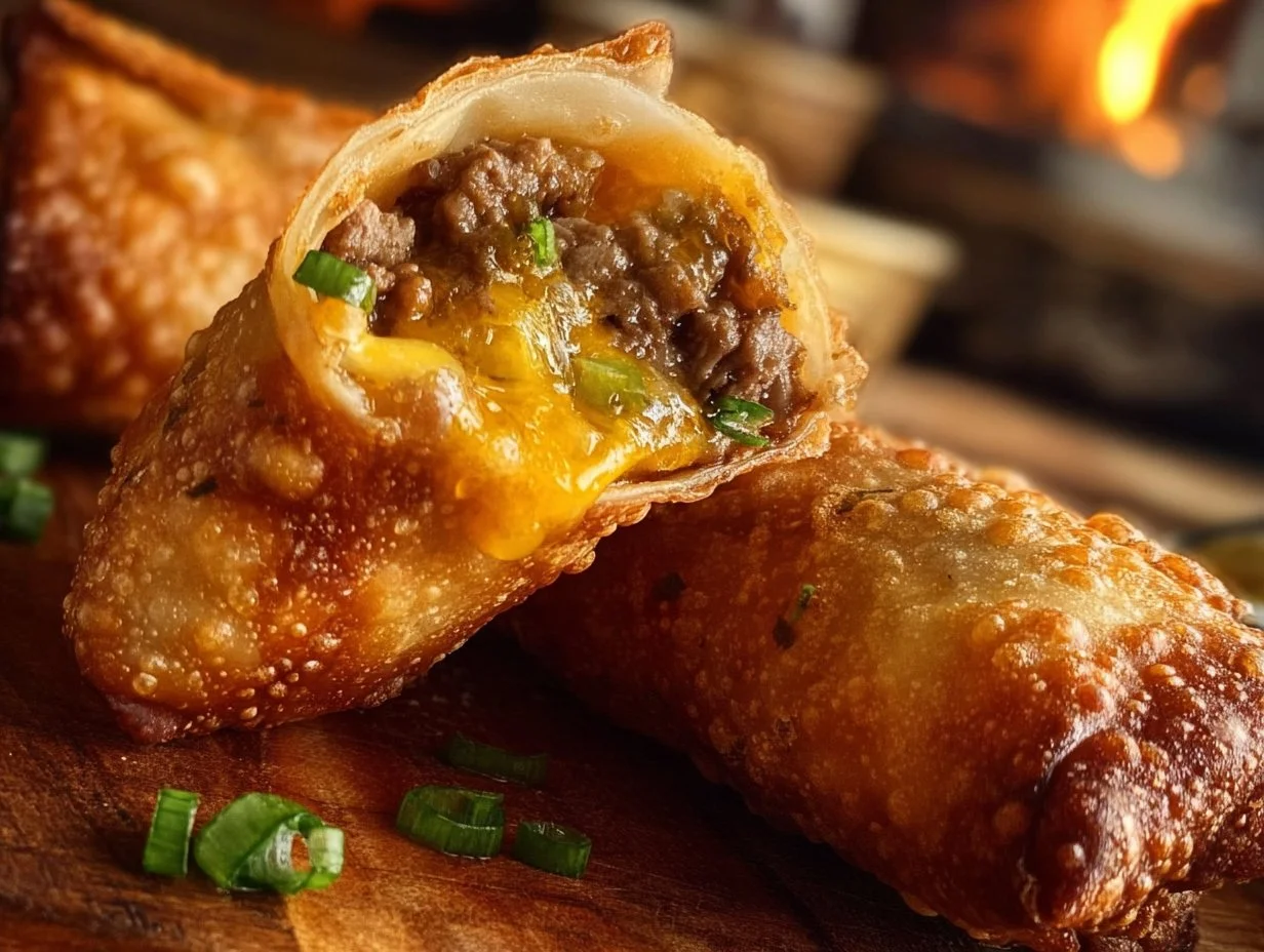 Delicious cheeseburger egg rolls served hot with a side of dipping sauce.