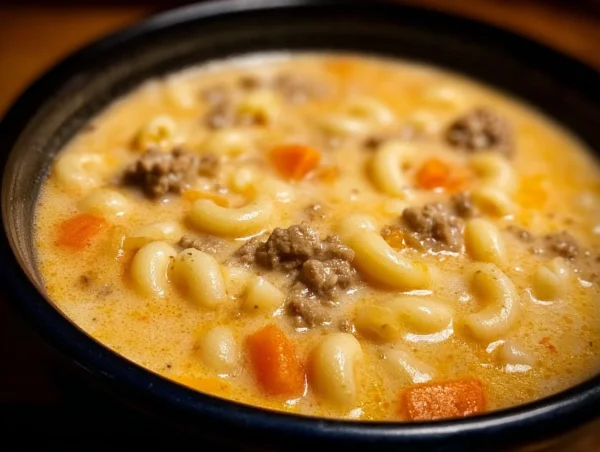 Delicious bowl of Cheeseburger Macaroni Soup with ground beef and macaroni.