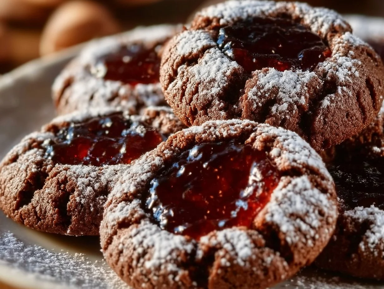 Delicious chocolate thumbprint cookies topped with chocolate ganache.