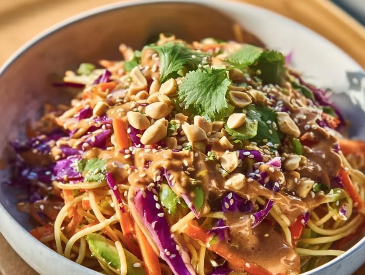 A bowl of cold pasta salad with colorful vegetables and herbs
