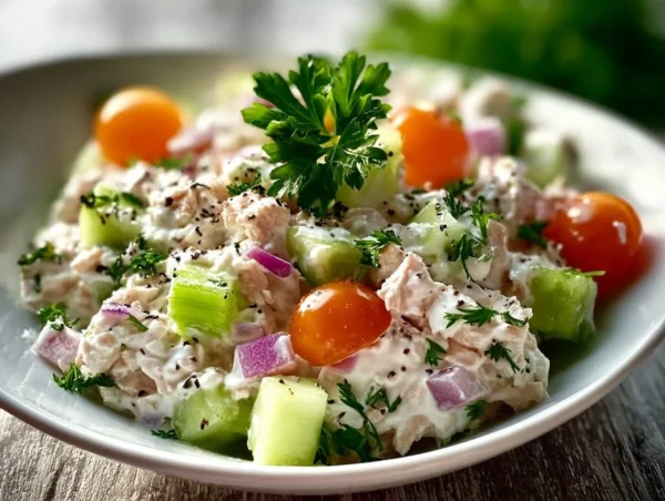 A bowl of Cottage Cheese Tuna Salad with fresh ingredients