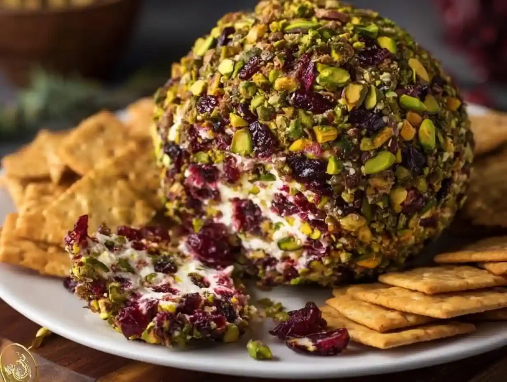 Vegan cranberry cheese ball served with crackers and garnished with herbs