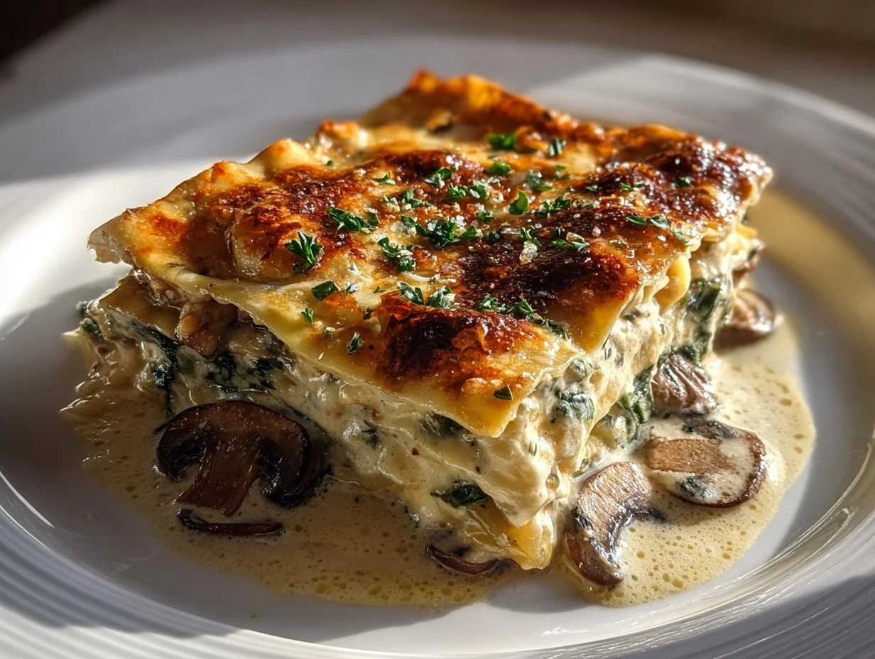 Creamy Spinach Mushroom Lasagna: A Flavorful Comfort Food Delight Creamy spinach mushroom lasagna layered with cheese and herbs