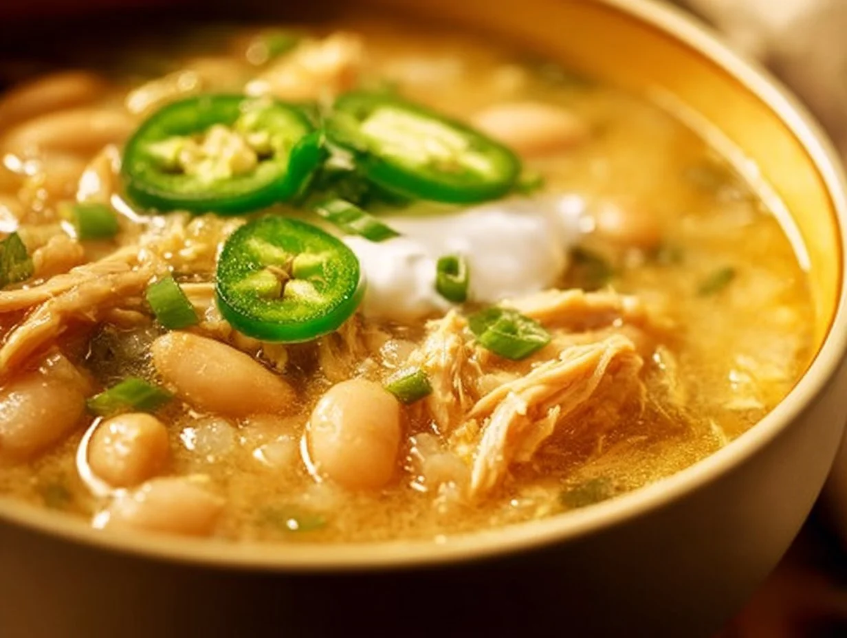 Creamy white bean chicken chili served in a bowl, garnished with herbs.