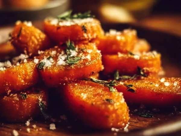 Crispy smashed carrots served on a plate with herbs and seasonings