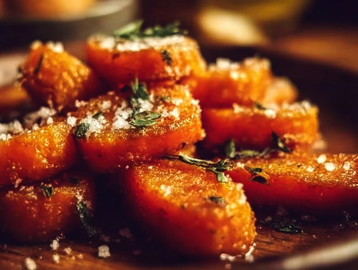 Crispy smashed carrots served on a plate with herbs and seasonings
