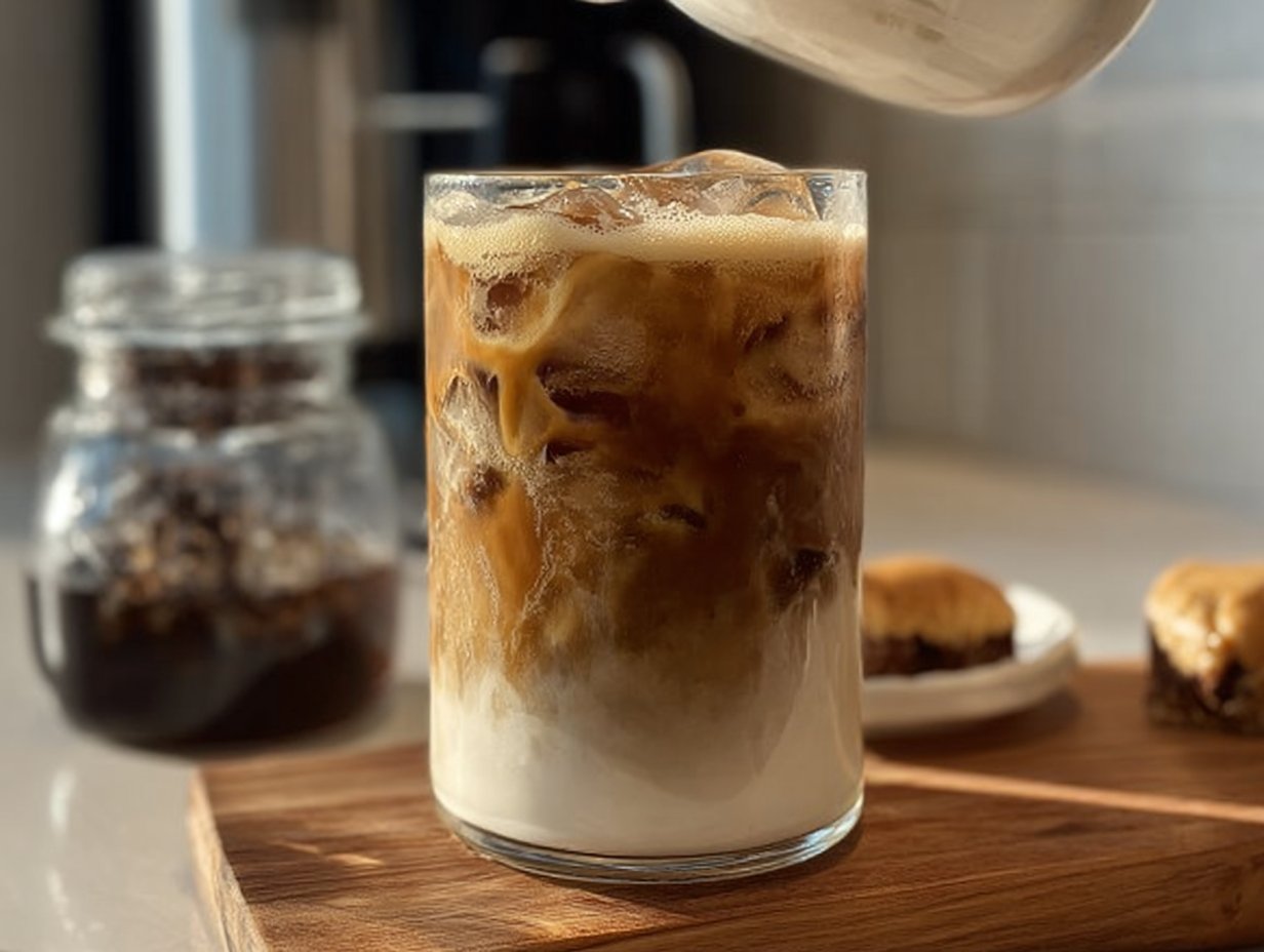 Iced Brown Sugar Latte in a glass, showcasing the creamy texture and rich flavors of this delightful coffee drink.