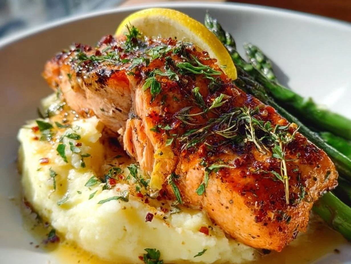 Garlic Butter Salmon fillet served with fresh herbs and lemon