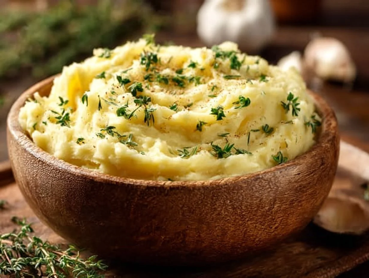 Creamy Garlic Cheddar Mashed Potatoes served in a bowl with fresh herbs.