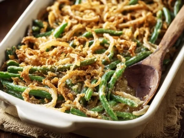 Delicious Green Bean Casserole served in a dish, perfect for holiday meals.